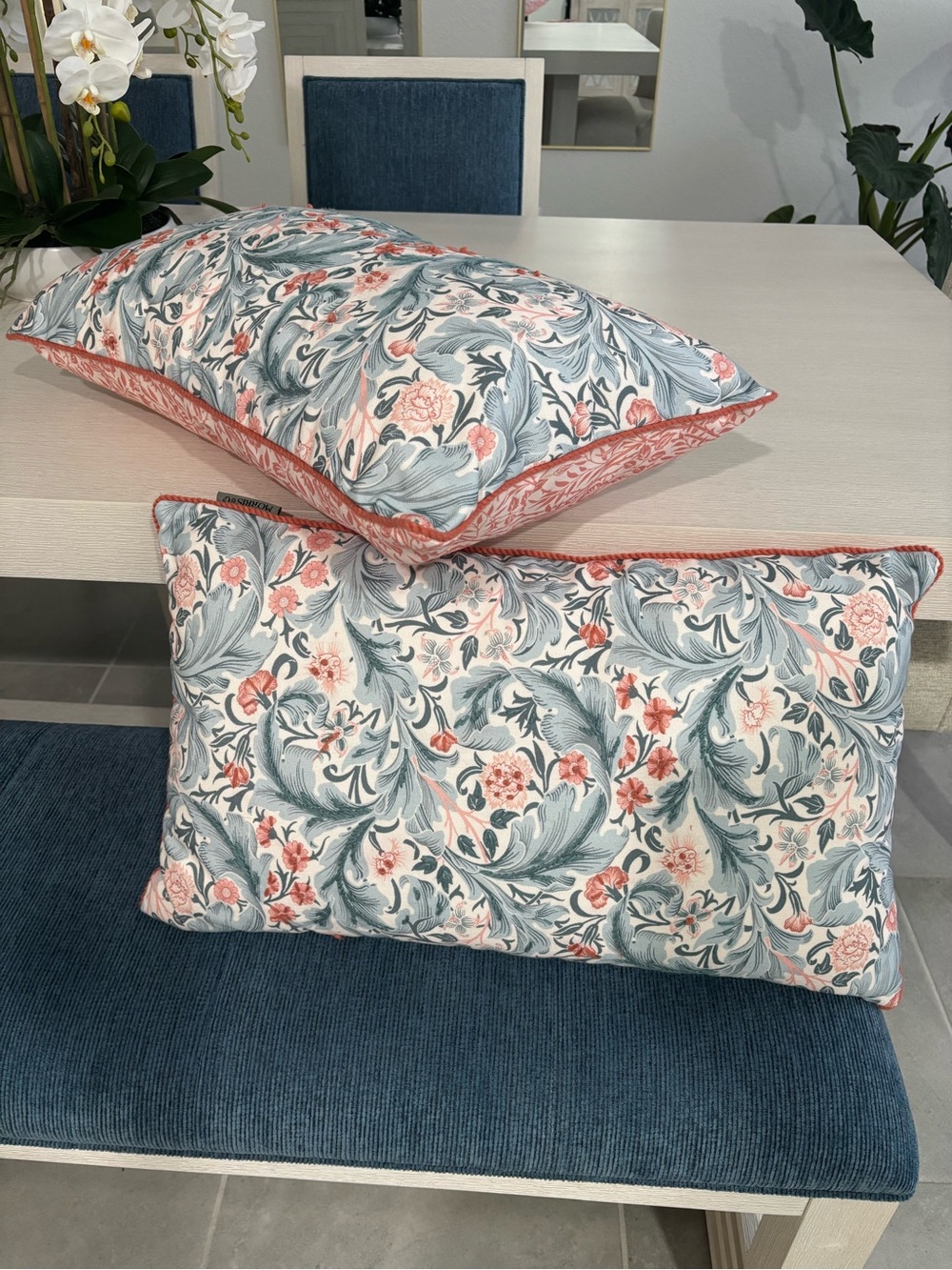 2 Floral Scroll Decorative Pillow in Coral and Blue-Green